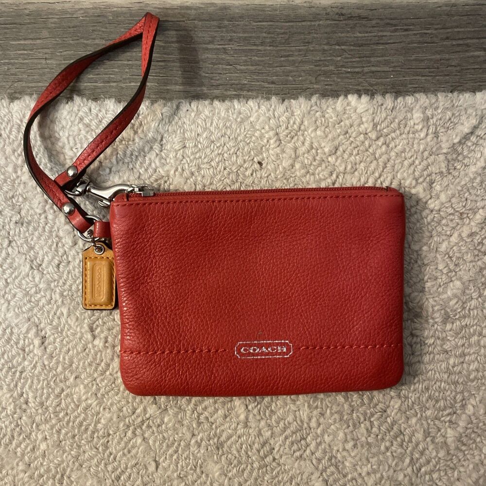 Coach Red Pebbled Leather Wristlet Clutch Pouch Zip Top Wallet Yellow Tag